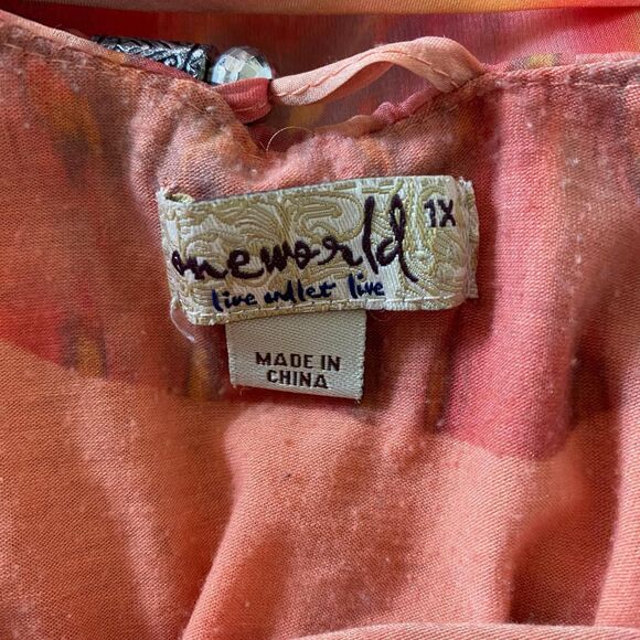 One World Boho Bat Sleeve Orange Red Tie Dye Asymmetric Shawl Top Plus Size 1X - Picture 7 of 8